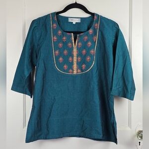 Westside Teal Embroidered Boho Blouse L